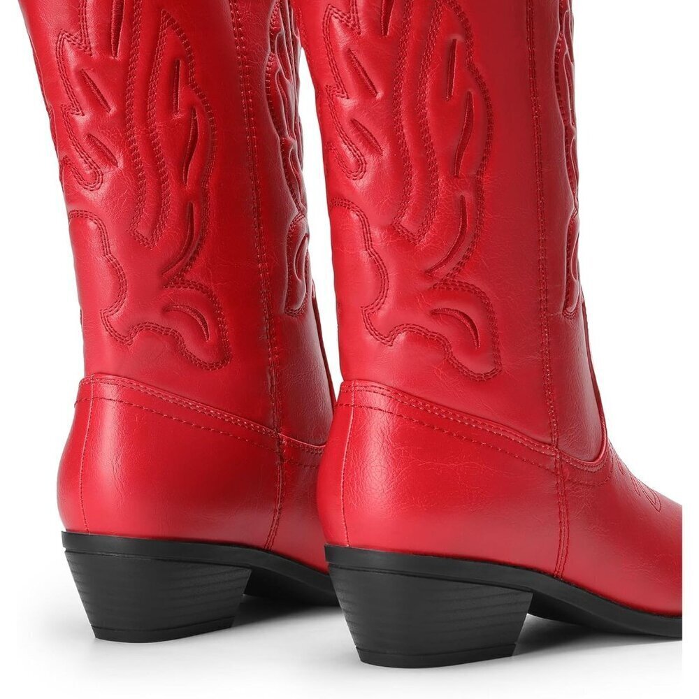 Women's Red Mid Calf Western Embroidery Stitched Faux Leather Cowgirl Boots - Picture 4 of 8